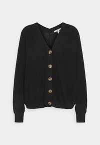 Black knitted cardigan with a V-neck, seven golden buttons down the front, ribbed cuffs, and a loose fit. Textured material throughout.