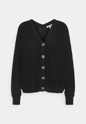 Zwarte gebreide cardigan met een V-hals, zeven gouden knopen aan de voorkant, geribde manchetten en een losse pasvorm. Geweven materiaal overal.
