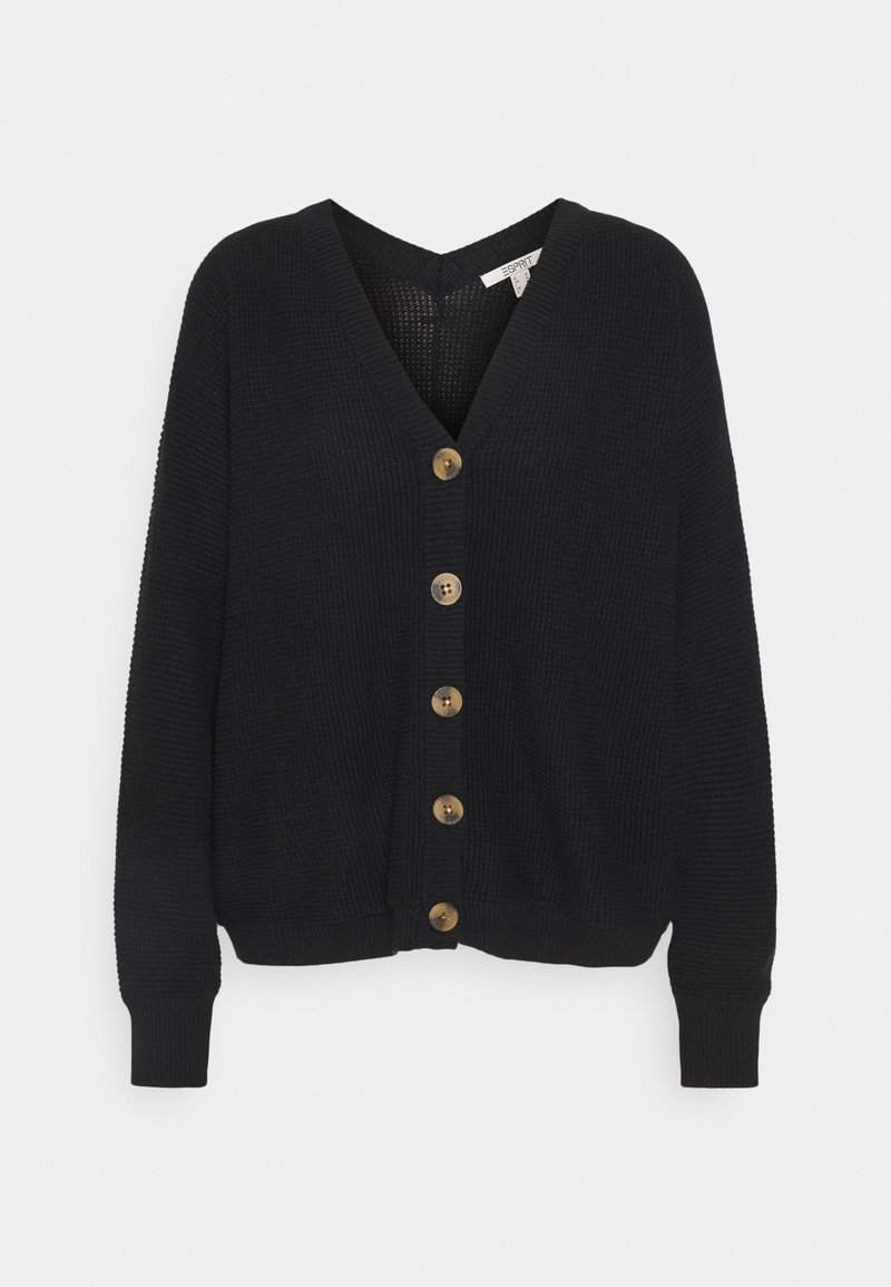 Black knitted cardigan with a V-neck, seven golden buttons down the front, ribbed cuffs, and a loose fit. Textured material throughout.