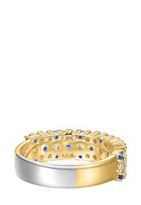 Gold and silver ring featuring a textured band, blue and clear stone accents, and a unique ridged design along the top edge.