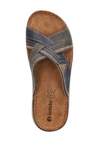 Dark blue and gray cross-strap slide sandals with textured leather, contrasting stitching, and a soft brown insoles. Non-slip sole.