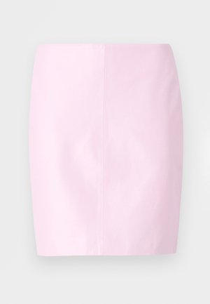 Pink fitted skirt with a smooth texture, a high waist, and a straight cut. Simple design without additional embellishments.