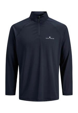 Marineblauwe half-zip pullover gemaakt van lichtgewicht, gladde stof. Heeft lange mouwen en het 'TECH FUSION'-logo in het wit aan de linkerkant.