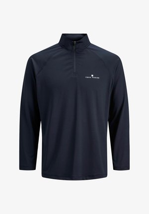 Navy half-zip pullover made of lightweight, smooth fabric. Features long sleeves and 'TECH FUSION' logo in white on the left side.