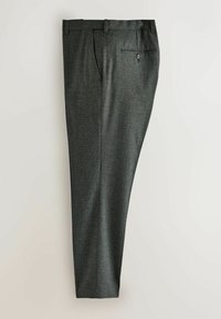 Tailored dark gray trousers made from a textured fabric. Features straight leg design, side pockets, and a single back pocket with button closure.