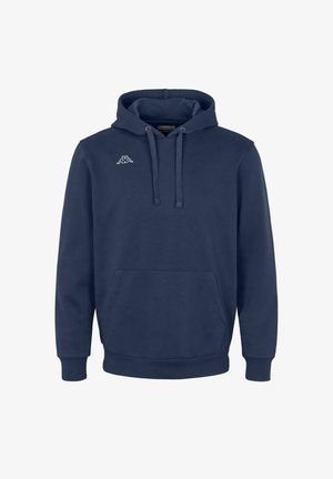 Granatowy hoodie wykonany z miękkiego materiału, z przednią kieszenią, kapturem na sznurku i białym logo na piersi. Standardowy krój.