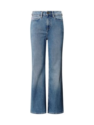 Blå denimjeans med høy midje, vide ben, og en falmet vask. Har klassisk fem-lomme-stil og frontknapping.