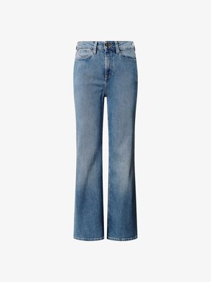 Siniset farkut korkealla vyötäröllä, leveällä lahkeella ja haalistuneella pesulla. Ominaisuuksiin kuuluvat klassinen viisi-taskumalli ja etunapit.