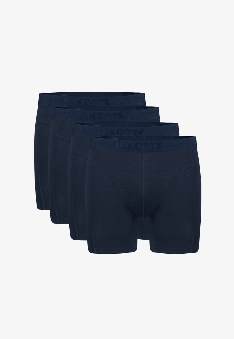 Quatre paires de boxers en coton doux de couleur bleu marine, dotés de ceintures élastiques avec le nom de la marque "TEN CATE" en relief.
