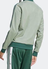 Grön sportjacka av slätt material med hög krage, som har tre vertikala ränder på ärmarna och en figursydd midjeresår.