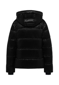 Czarna puchowa kurtka, błyszczący materiał nylonowy, z kapturem, poziomy wzór pikowania, elastyczne mankiety i kwadratowa naszywka na górnej części pleców.