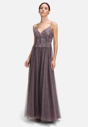 Bodenlanges Kleid in Mauve mit tiefem V-Ausschnitt. Bestickter Oberteil mit floralen Mustern. Weicher Tüllstoff sorgt für eine schimmernde Textur.