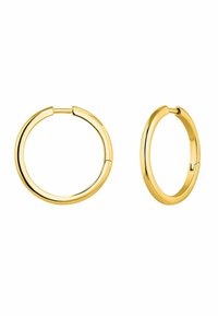Pendientes de aro de color dorado con un acabado liso y pulido. Tienen una forma redondeada y un diseño de cierre seguro.