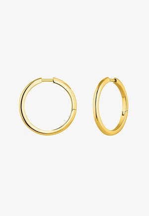 Pendientes de aro de color dorado con un acabado liso y pulido. Tienen una forma redondeada y un diseño de cierre seguro.