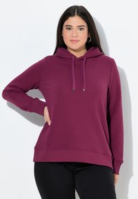 Felpa con cappuccio viola realizzata in morbido tessuto, dotata di tasca a canguro, polsini a coste e cordini regolabili.