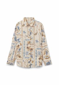 Chemise à manches longues en tissu crème, avec un motif floral bleu et marron agrémenté d'accents carrés. Fermeture à boutons sur le devant et col.