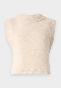 Maglione lavorato a maglia senza maniche di colore beige con colletto alto a coste e una texture morbida. Presenta una chiusura sul retro e una silhouette aderente.