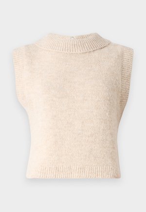 Beige, sleeveless knitted sweater with a high ribbed collar and a soft texture. Features a back closure and a fitted shape.