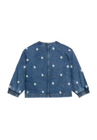 Giacca di jeans con scollatura tonda, maniche lunghe e polsini elasticizzati. Presenta ricami floreali bianchi distribuiti su un tessuto blu.