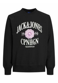 Zwarte sweatshirt gemaakt van zacht fabric, met een ronde hals en raglanmouwen. Het heeft een grote witte en paarse grafische print aan de voorkant.