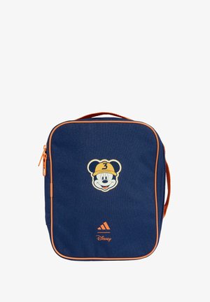 Zaino blu navy con dettagli arancioni, con grafica di Topolino, chiusura con cerniera e manico regolabile. Tessuto leggero.