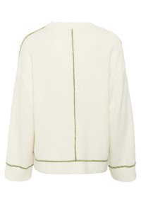 Creme fleece sweater med en boxy form, rund halsudskæring og grøn accentbrodering langs sømme og kant. Lange ærmer, afslappet pasform.