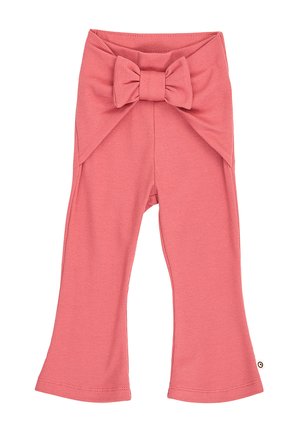 Pantaloni rosa a coste per bambini piccoli con gambe svasate e grande fiocco decorativo sulla cintura frontale.