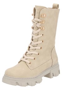 Botín de tobillo beige con cordones, con un upper texturizado, punta redonda y suela de goma gruesa. Presenta ojales en tono dorado y costuras reforzadas.