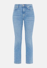 Jeans di denim azzurro chiaro con un design a gamba dritta, dotati di un classico layout a cinque tasche e chiusura con bottone metallico in vita.