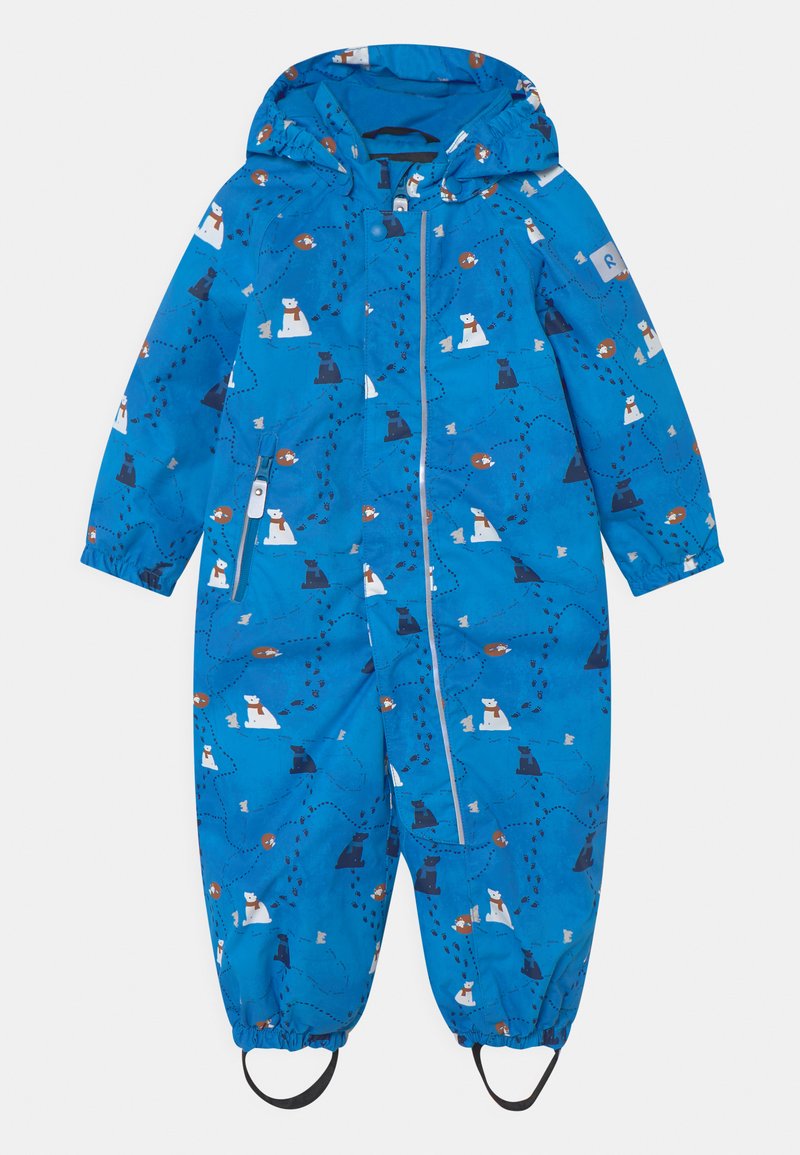 Blue waterproof one-piece jumpsuit with polar bear and dog patterns, elastic cuffs, front zipper, and adjustable hood.