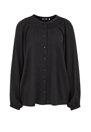 Blusa nera a maniche lunghe con scollatura rotonda, chiusura con bottoni e dettagli arricciati attorno al colletto. Realizzata in tessuto leggero con una finitura testurizzata.