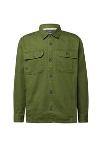 Olijfgroene katoenen jas met een knoopsluiting aan de voorkant, twee borstzakken en een puntige kraag. Geweven stof met een ontwerp in een ontspannen pasvorm.