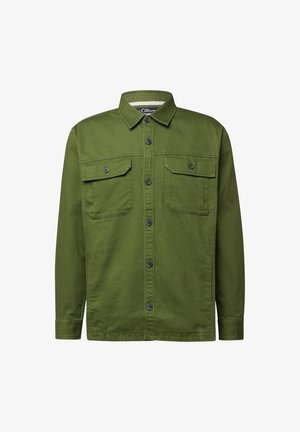 Olivgrüne Baumwolljacke mit durchgehender Knopfleiste, zwei Brusttaschen und spitzem Kragen. Strukturierter Stoff mit locker sitzendem Design.