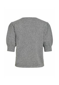 Harmaa neulottu lyhythihainen neulepusero, jossa on pussihihat ja istuvat hihansuut, kuvattuna takaa valkoisella taustalla.