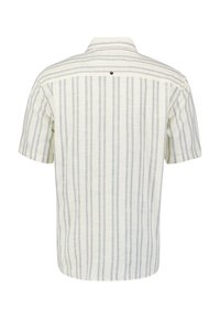 Korte mouwen shirt in lichtcrème met blauwe verticale strepen, met een puntige kraag en een enkele knoop achter. Lichtgewicht stof.