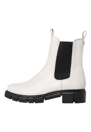 Weißer Leder-Chelsea-Stiefel mit schwarzem elastischem Seitenpanel und robuster schwarzer Gummisohle, Zuglaschen am Knöchelkragen.