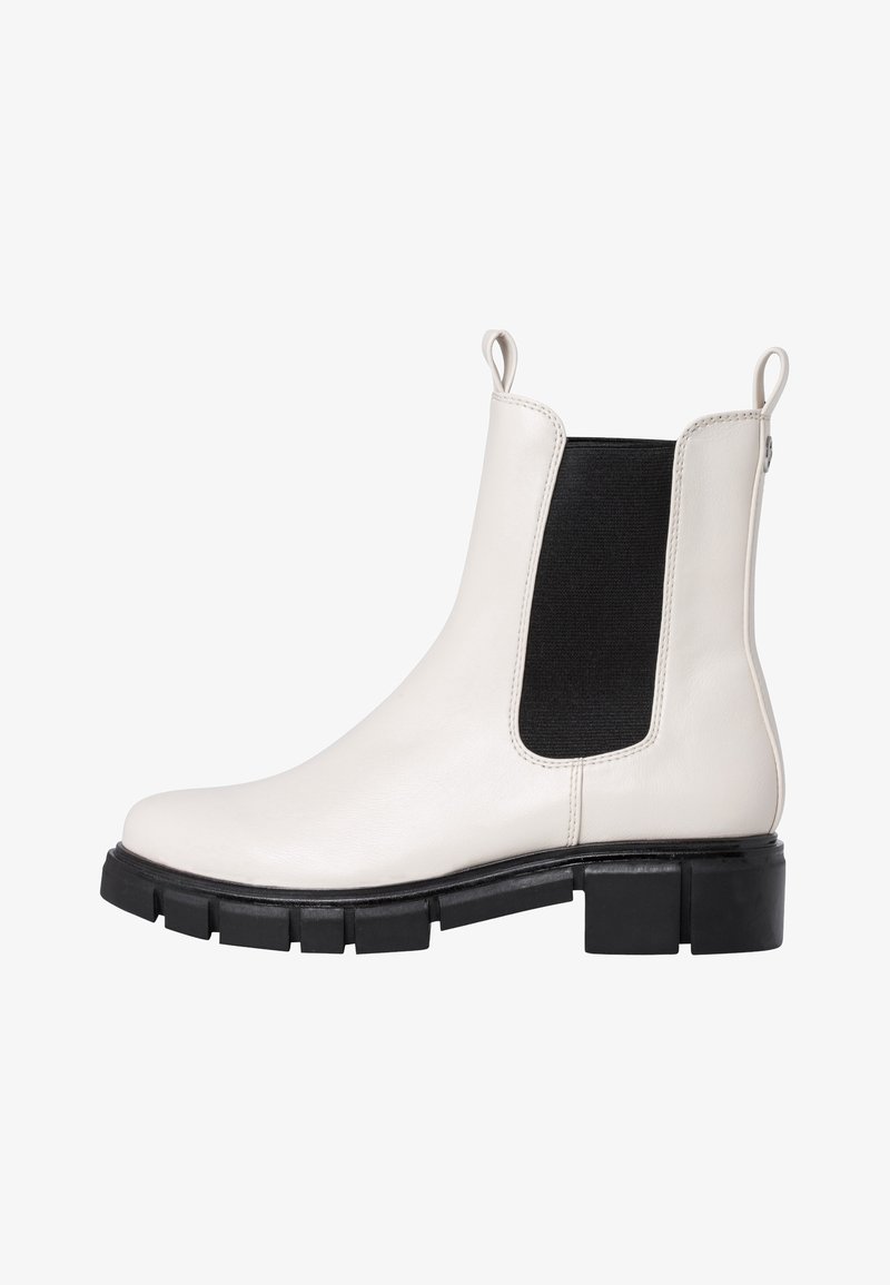 Botte Chelsea en cuir blanc avec panneau latéral élastique noir et semelle en caoutchouc noire épaisse, languettes de traction sur le col de la cheville.