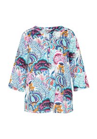 Tunique à motifs floraux multicolores, avec un col en V, des manches trois-quarts et une coupe ample, arborant des teintes vives de bleu, rose et orange.