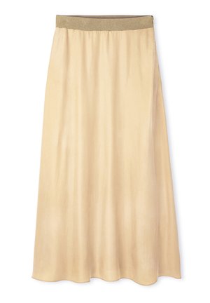 Jupe maxi beige fluide avec une texture lisse, taille élastique dorée et une forme légèrement évasée. Pas de motifs ni d'accents visibles.