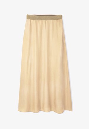 Beige, flowy maxi skirt with a smooth texture, elastic gold waistband, and a subtle A-line shape. No visible patterns or accents.