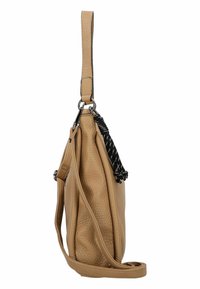 Tan leather handbag with a textured finish, a strap for hand carrying, and a detachable shoulder strap featuring black woven accents.