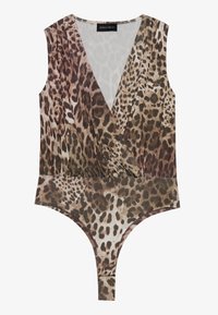 Leopardmønstret bodysuit med dyb V-udskæring, ærmeløs design, indsnævret talje og højskåret bund i nuancer af brun og beige.