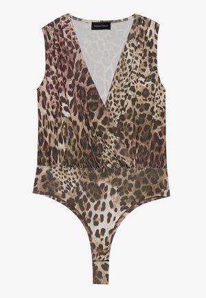 Bodysuit s uzorkom leoparda koji ima duboki V-izrez, bez rukava, sabrani struk i visoki izrez u nijansama smeđe i bež.