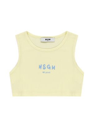 Top corto smanicato di colore giallo pallido con scollo rotondo, logo stampato blu "MSGM Milano" sul davanti e etichetta MSGM all'interno del colletto.