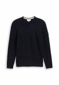 Marineblauer Strickpullover mit gerippter Textur, Rundhalsausschnitt und subtilen gesprenkelten Details überall. Lange Ärmel mit lockerer Passform.