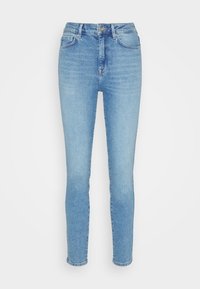 Ljusblå slim-fit jeans gjorda av denim, med medelhög midja, fem fickor och en klassisk knappstängning. Slät textur med minimal blekning.