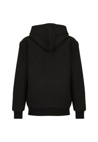 Felpa nera con cappuccio, maniche lunghe, polsini e orlo a costine, mostrata di spalle su uno sfondo bianco.