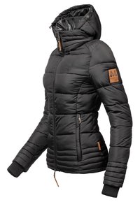 Black puffer jacket with a hood, quilted texture, zippered front, and side pockets. Features a logo patch on the left sleeve.