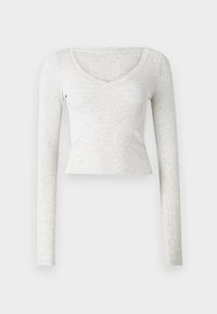 Világosszürke, hosszú ujjú crop top, V-nyakkal, bordázott felülettel és puha anyaggal. Egyszerű dizájn, nincs további minta vagy díszítés.