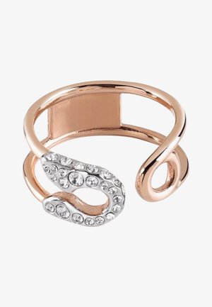 Offener Ring aus Roségold mit einem silbernen Wirbeldesign, verziert mit kleinen klaren Kristallen.